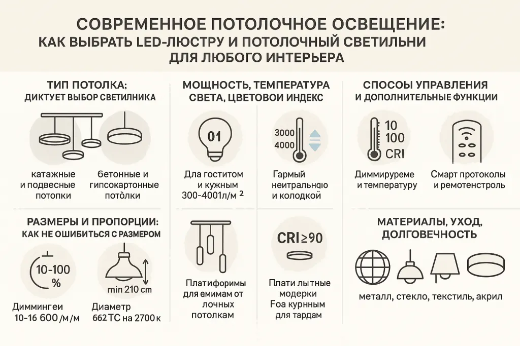 Современное потолочное освещение: как выбрать LED-люстру и потолочный светильник для любого интерьера